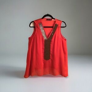Apt 9 Tank Top Size L Orange Pull Sleeveless Round Neck Beaded Sequins w/ Cami